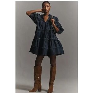 Pilcro by Anthropologie 3/4 Sleeve Tiered V-Neck Ruffle Mini Denim Dress Size L